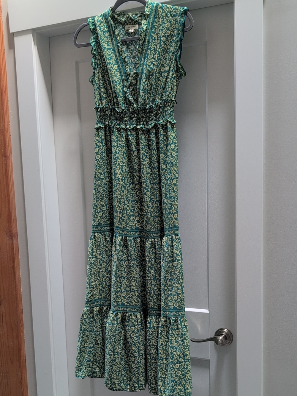 Max Studio Green Floral Smocked Waist Tiered Maxi Dress S